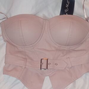 Say What? Blush Strapless Bustier Dusty Rose Strapless Y2K Neutral Zip Buckle